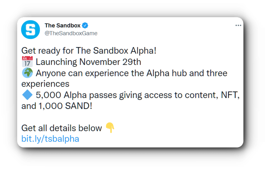 The Sandbox Alpha Tweet November 16 2021